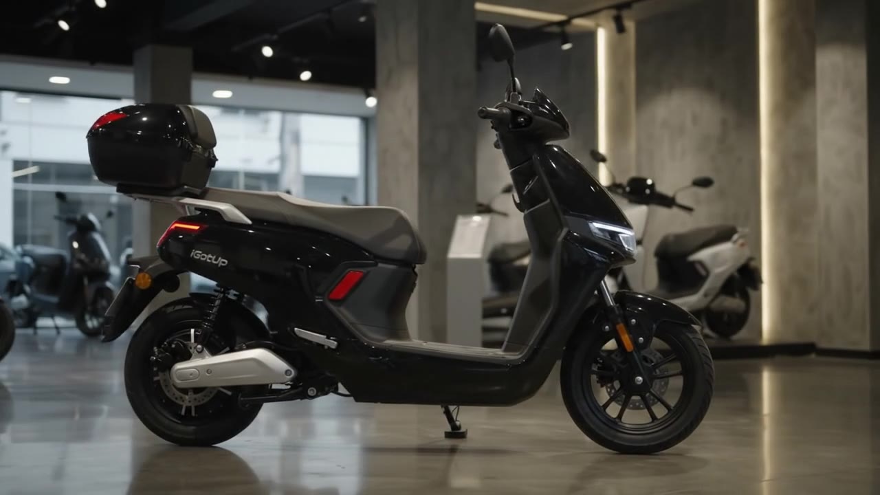 Scooter elétrica iGotUp preta com baú traseiro, vista lateral